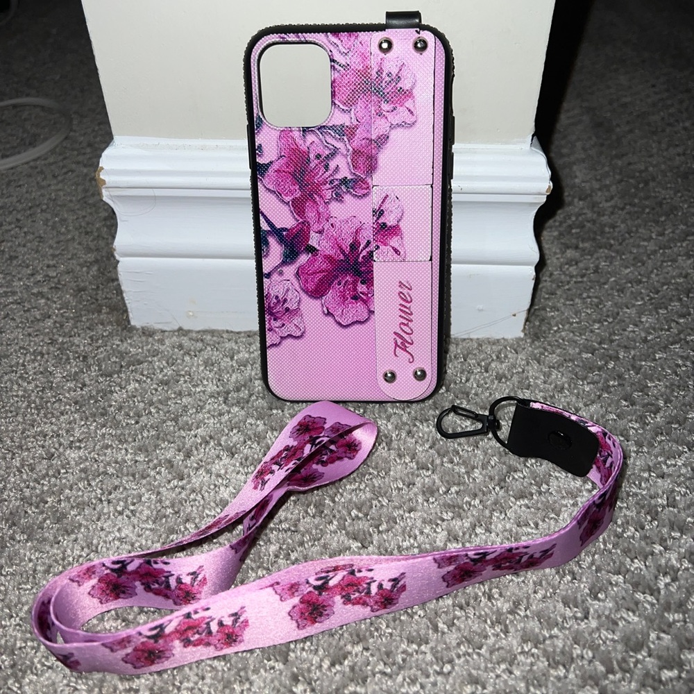 iPhone 11 Pink Flower case with handle and lanyard